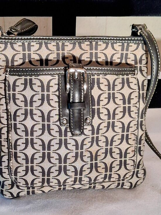 Fossil Handbags - FOSSIL Monogram Canvas Crossbody Bag Tan Black F Logo Print Buckle Front Purse